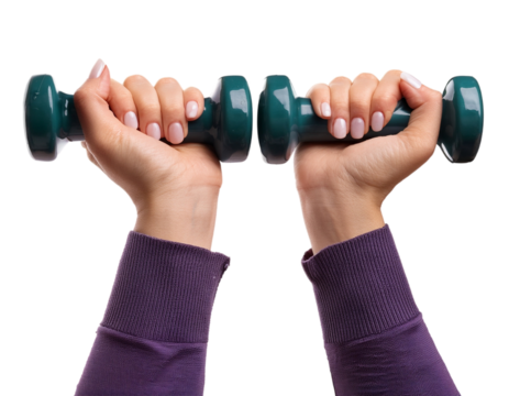 Hands holding small dumbbells, isolated on transparent background