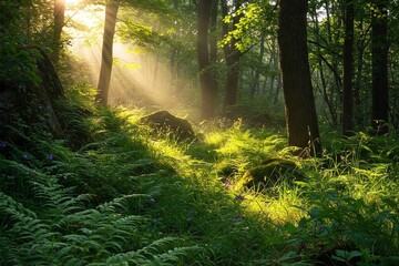 Obraz premium Sunlight Streams Through Lush Green Forest Foliage Illuminating the Scene