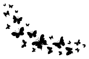 Butterflies silhouette flying arrangement isolated on white background. Random scattered butterfly silhouettes for banners, print design, packaging, posters.