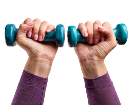 Hands holding small dumbbells, isolated on transparent background