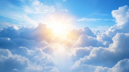 Fototapeta premium Heavenly stairway through bright clouds, sunlight