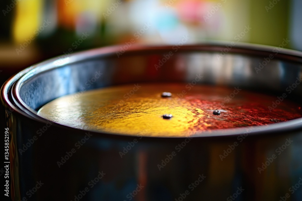 Poster a close-up shot of a pot of soup sitting on a table, ready to be served