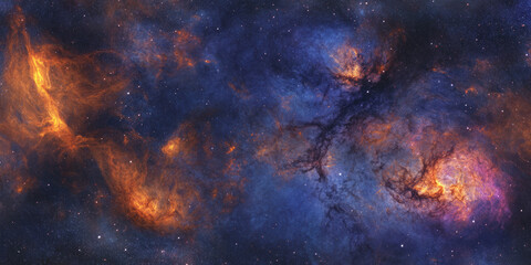 Fototapeta premium A bold, colorful abstract background with a cosmic theme, featuring swirling galaxies and nebulae. The celestial hues of deep blue, radiant magenta, and glowing orange create an interstellar, dreamy,