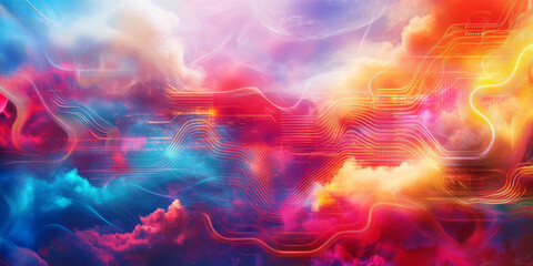 A futuristic, colorful abstract background with neon gridlines overlaid on swirling cosmic clouds. The glowing circuitry in vibrant red, electric blue, and pulsating yellow creates a high-tech, sci-fi
