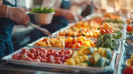 Buffet line presents various vegetables meat and healthy food options