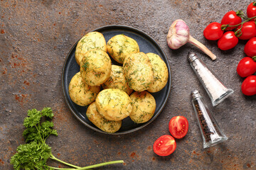 Plate of boiled baby potatoes with dill and tomatoes on dark background