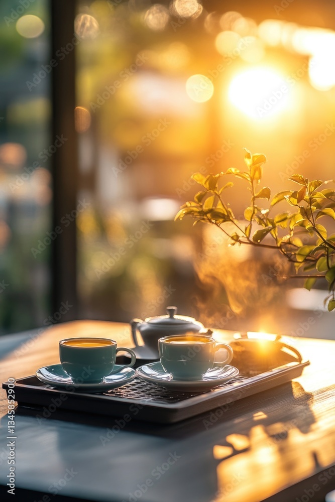 Poster a simple and cozy scene with a tray holding two cups of coffee on a table