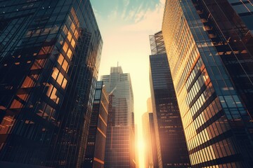 Vibrant Color Image of Tall Office Buildings with Evening Sun in the City Background