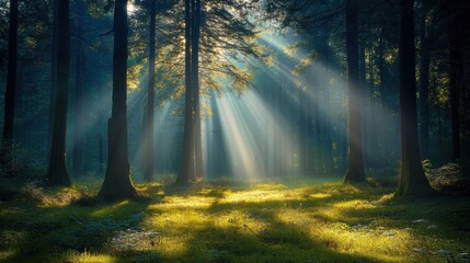 Obraz premium A forest with tall redwood trees, sunlight filtering through the canopy, majestic atmosphere