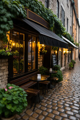 Fototapeta premium Charming sidewalk coffeehouse with vintage decor inviting patrons to enjoy a cozy atmosphere on a rainy day