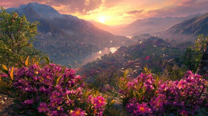 A beautiful sunset illuminates a mountain valley full of flowers