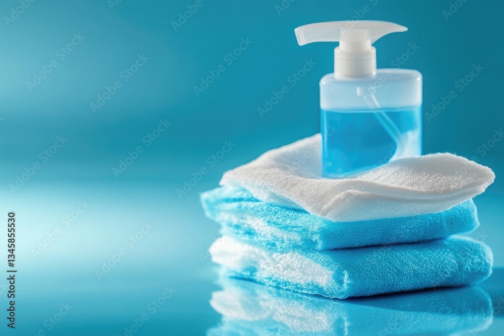 Poster a stack of blue towels and a bottle of hand sanitizer on a table or countertop