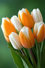 Naklejka premium Vibrant orange and white tulips beautifully tied with lavender ribbon on rich green backdrop for springtime elegance