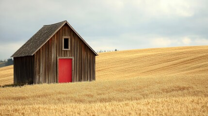 Obraz premium A rustic barn stands in a field of golden wheat grass