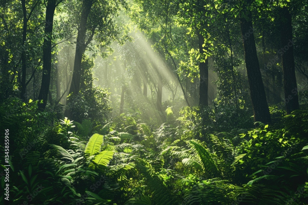Poster a serene scene of sunlight peeking through the forest canopy, ideal for use as a background or to ev