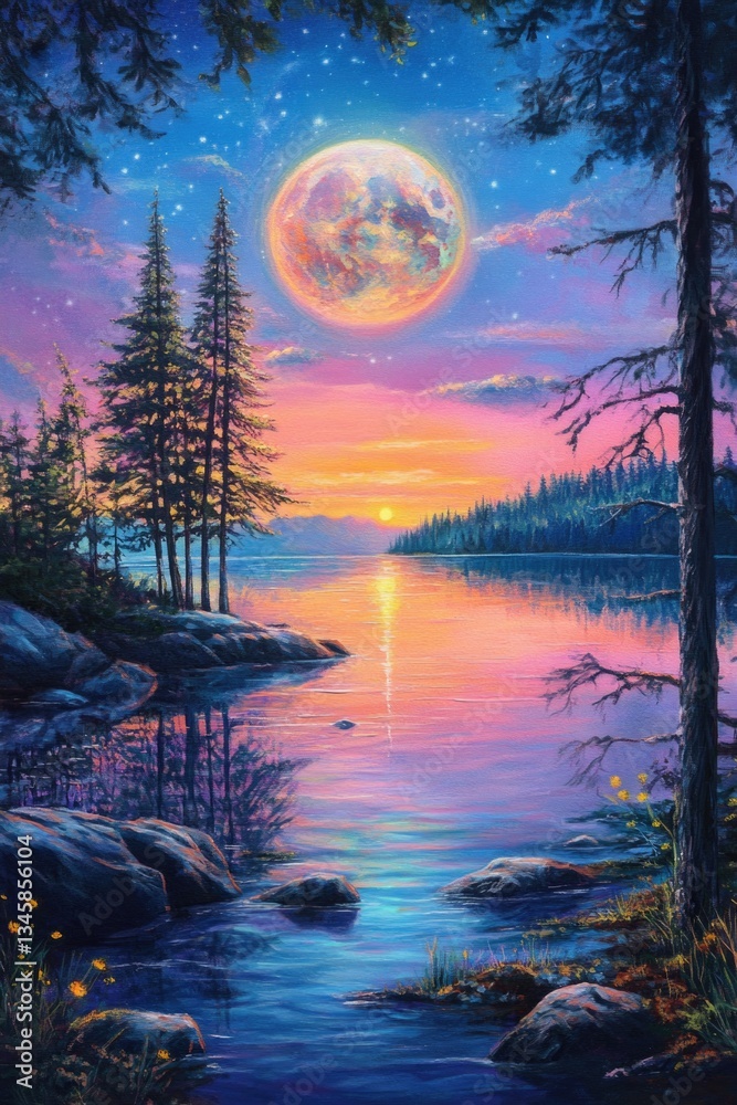 Poster a serene scene of a full moon rising above the calm waters of a lake, perfect for use in peaceful an