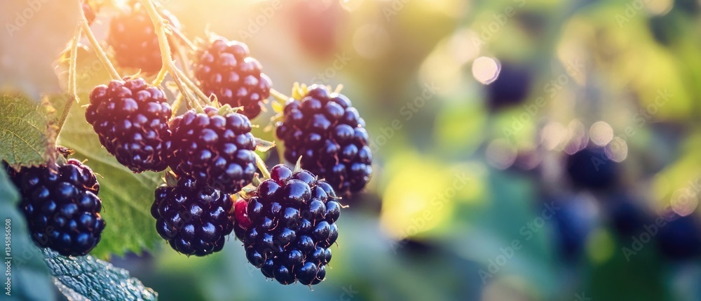 Poster fresh blackberries hanging from a tree branch, perfect for eating or using in recipes