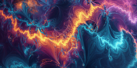 Obraz premium A surreal, colorful abstract background featuring organic fractal growth patterns. The intricate, expanding structures in glowing cyan, warm magenta, and rich amber create a hypnotic, complex, and