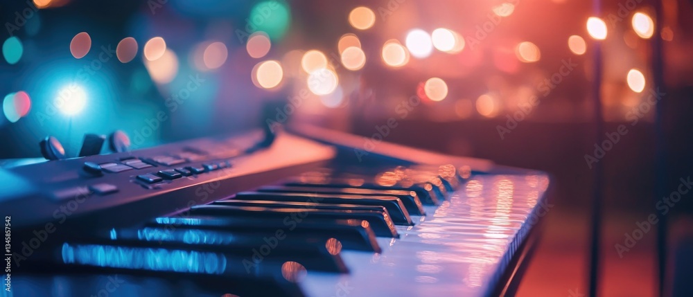 Poster Close-up shot of a keyboard with colorful lights in the background