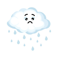 Cute sad kawai cloud. The cloud drops raindrops. Vector cartoon style comic, weather icon.