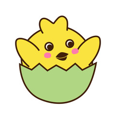 Cute little chicken, sitting in shell, cartoon character isolated on white background. Vector art illustration in flat style. A separate element for your design.