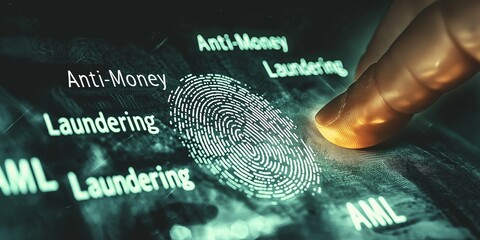 Anti-Money Laundering AML concept. Digital fingerprint scanning of banknotes with glowing effect.