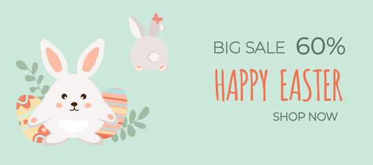 Happy easter sale. Cute little rabbit with easter eggs on green background. Can be add text. Design for banner, poster, postcard. EPS10.