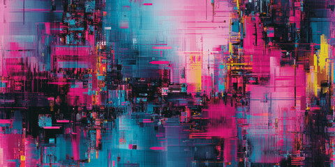 Fototapeta premium A bold, colorful abstract background featuring fragmented, glitchy distortions. The pixelated layers in bright pink, electric blue, and neon yellow create a chaotic, digital, and visually striking