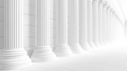 White Columns Corridor, Architectural Perspective, Elegant Interior