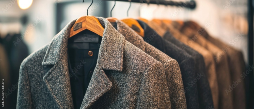 Poster a single coat hangs on a rack in a clothing store, ready for customers to try on