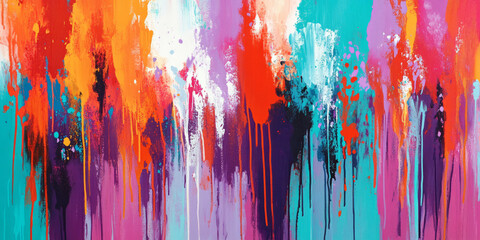 Fototapeta premium A bold, colorful abstract background inspired by paint drips in motion. The dynamic, fluid splashes in neon red, bright teal, and deep lavender create an expressive, artistic, and visually striking