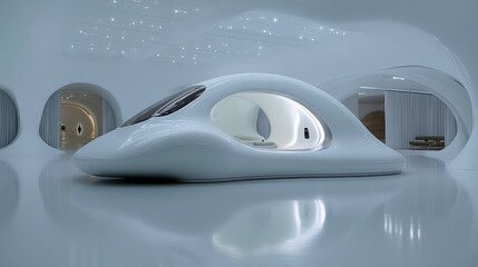 Futuristic, smooth white interior with pod-like seating
