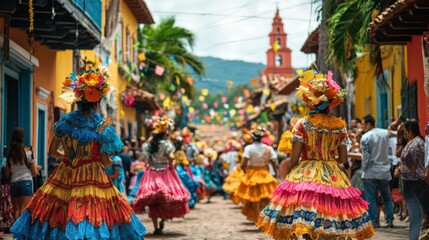 A cultural festival scene with traditional costumes, music, and dance, vibrant atmosphere