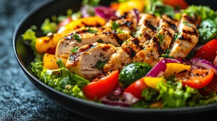 A colorful salad with fresh vegetables, grilled chicken, and dressing, healthy and vibrant, bright colors