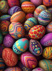 Fototapeta premium Colorful Painted Easter Eggs in a Vibrant Display for Spring Celebrations with Intricate Designs and Patterns