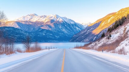 A winter road leading to a snowy mountain lake.  Sunrise colors paint the peaks and surrounding landscape