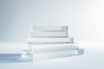 Stack of transparent acrylic blocks on a light background, minimalist and modern design.