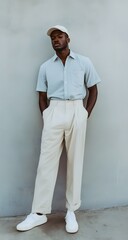 A stylish man poses in front of a plain gray wall