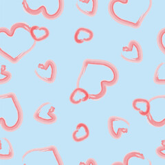 Seamless pattern with hand drawn pink hearts on blue background. Design for fashion, fabric, textile, packaging paper, gift paper. Valentines day concept.