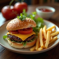 A juicy beef patty topped with melted cheese and fresh tomato on a toasted bun
