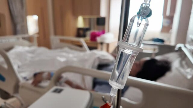 Drop saline from a bottle connected to a tube and inject into the patient's body quickly in hospital room with sick bed.