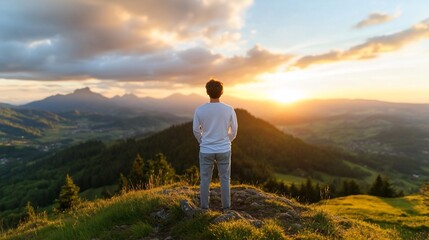 Fototapeta premium Man contemplates sunset over vast mountain landscape
