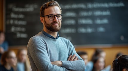 A teacher giving a lecture to students, knowledgeable and passionate, educational setting