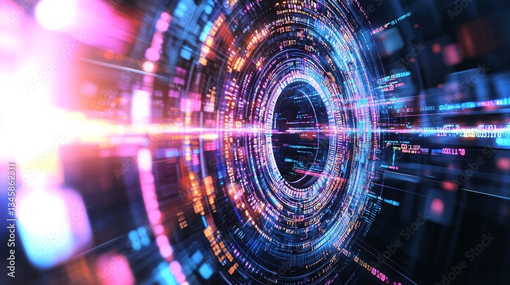 Poster dynamic visual representation of advanced technology in vibrant colors and intricate patterns
