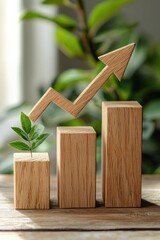 Wooden bar graph with an upward pointing arrow on a white background, representing organic growth or progressive increase.