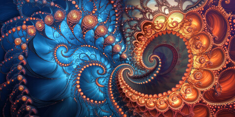 A mesmerizing, colorful abstract background featuring endless spiraling fractals. The intricate, geometric formations in bright blue, deep rose, and warm amber create a complex, mathematical, and