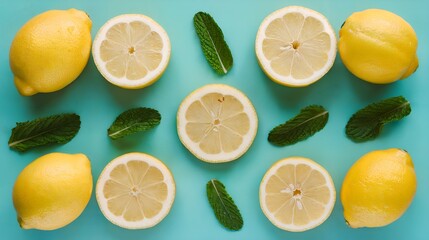 Obraz premium A flat lay of halved lemons scattered around fresh mint leaves on a soft turquoise background. The vibrant yellow and green create a lively and refreshing visual.