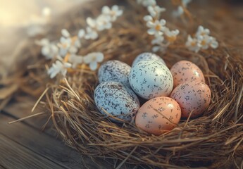 Obraz premium Colorful speckled eggs nestled in a natural straw nest surrounded by delicate white flowers, symbolizing spring, renewal, and festive celebrations.