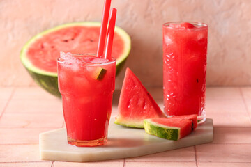 Glasses of tasty watermelon fresh on table