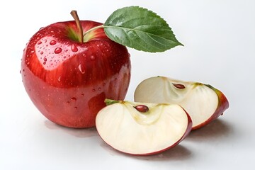 Fresh Shiny Red Apple with Leaf and Crisp Slice in Close-Up